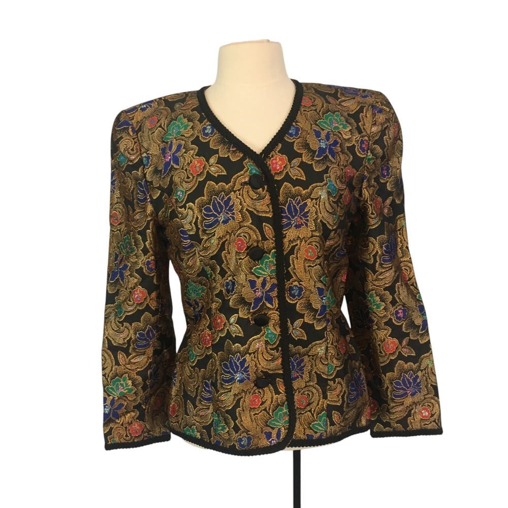 Talbots Kathryn Conover Vintage Womens Black Gold Metallic Floral Blazer 36 bust